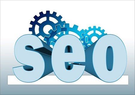 The word seo is surrounded by gears on a white background