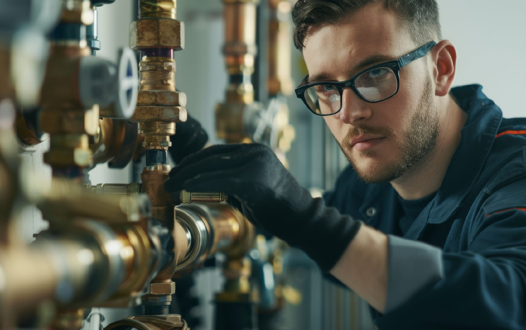 A man wearing glasses is working on a pipe in a factory.
