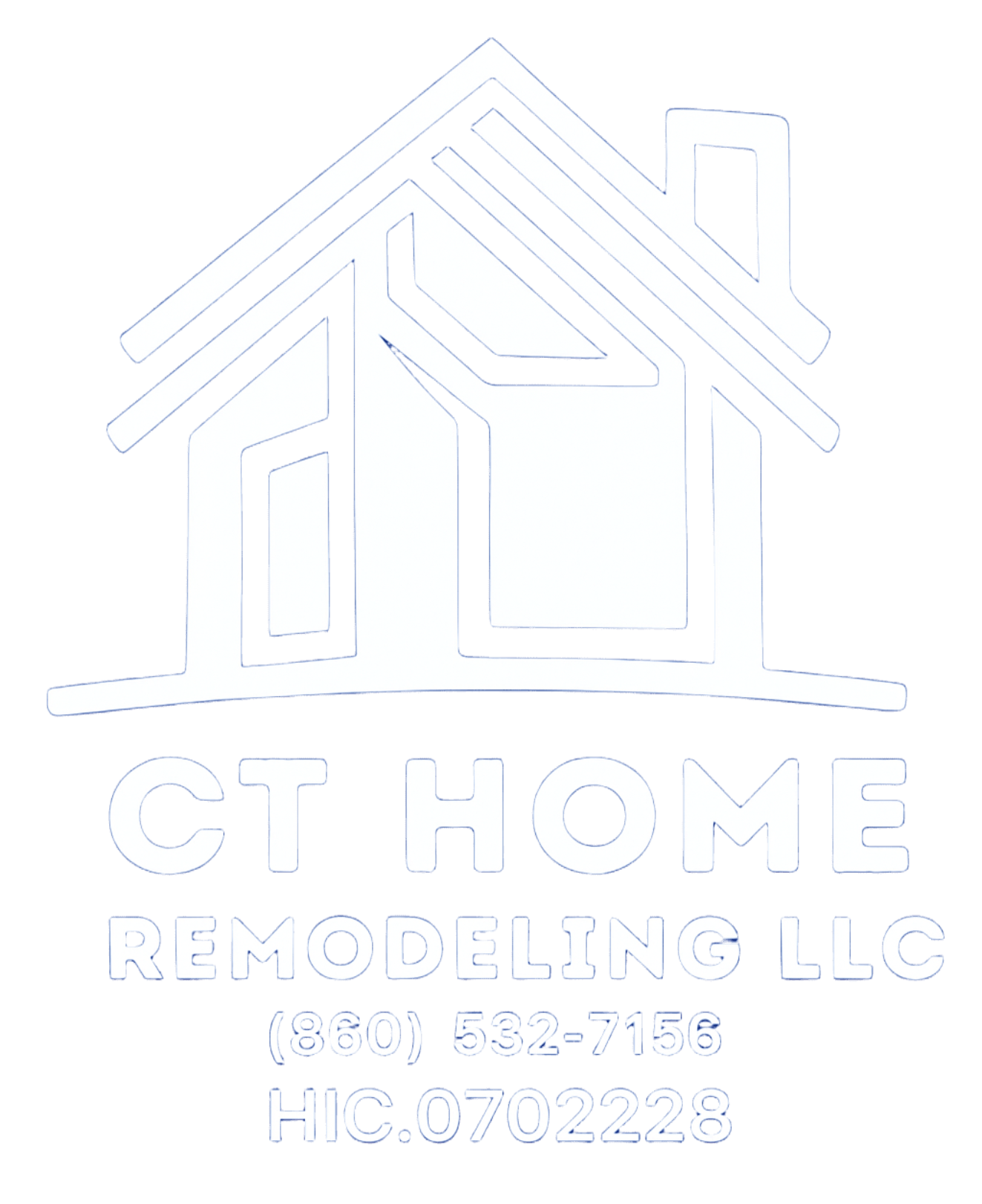 Blue and white logo for CT Home Remodeling LLC, with a house outline and contact information.