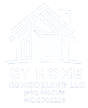 Blue and white logo for CT Home Remodeling LLC, with a house outline and contact information.