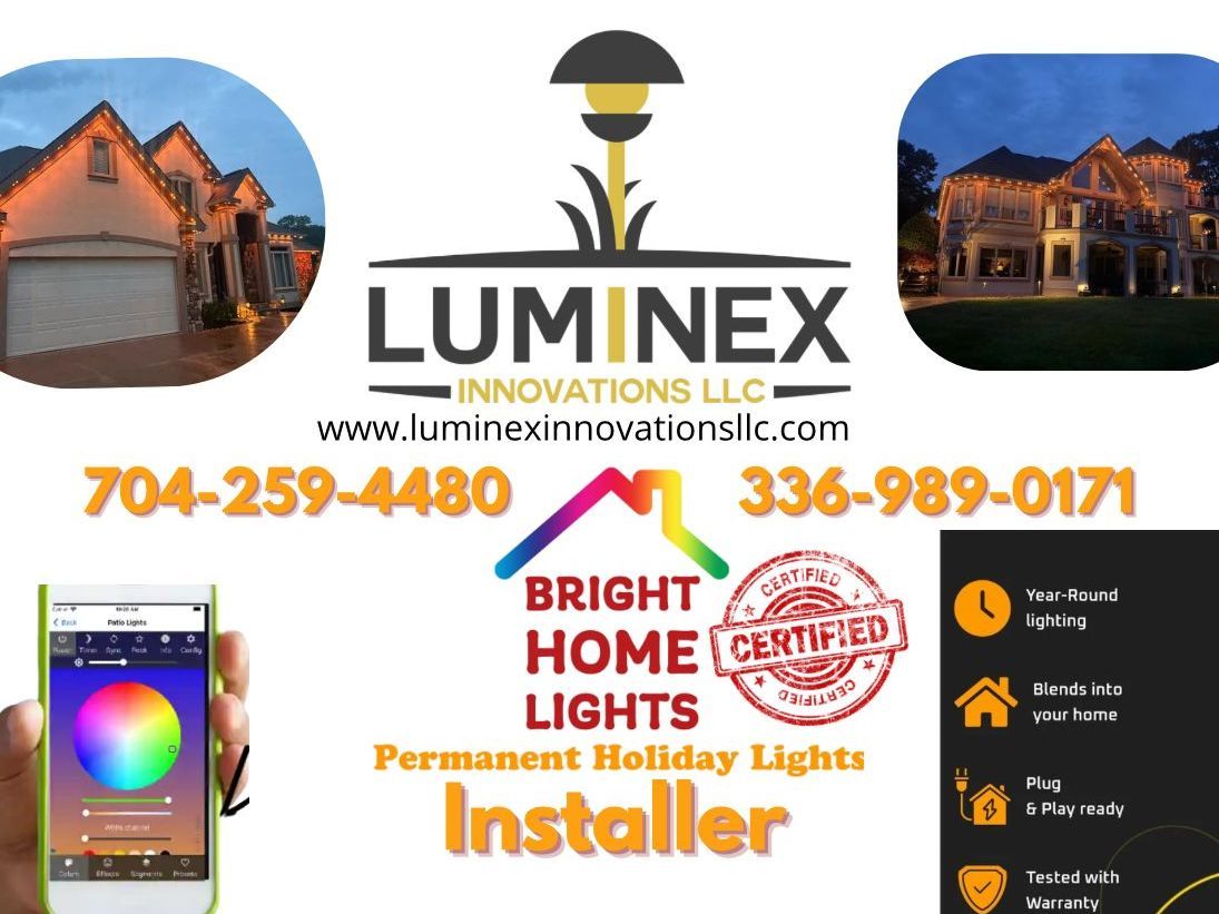 Advertisement for Luminex Innovations LLC, a holiday light installer. Includes contact info and a photo of a home.