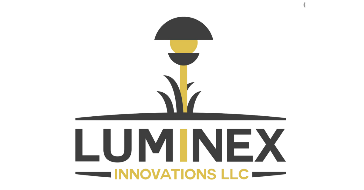 LUMINEX logo with a stylized light fixture over grass, black and gold colors. Text reads