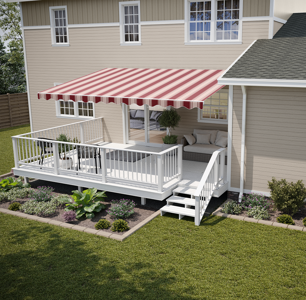 Yellow and white striped awning over a table and chairs on a patio for outdoor living at The Blind Guy - Coeur d'Alene near Coeur d'Alene, ID