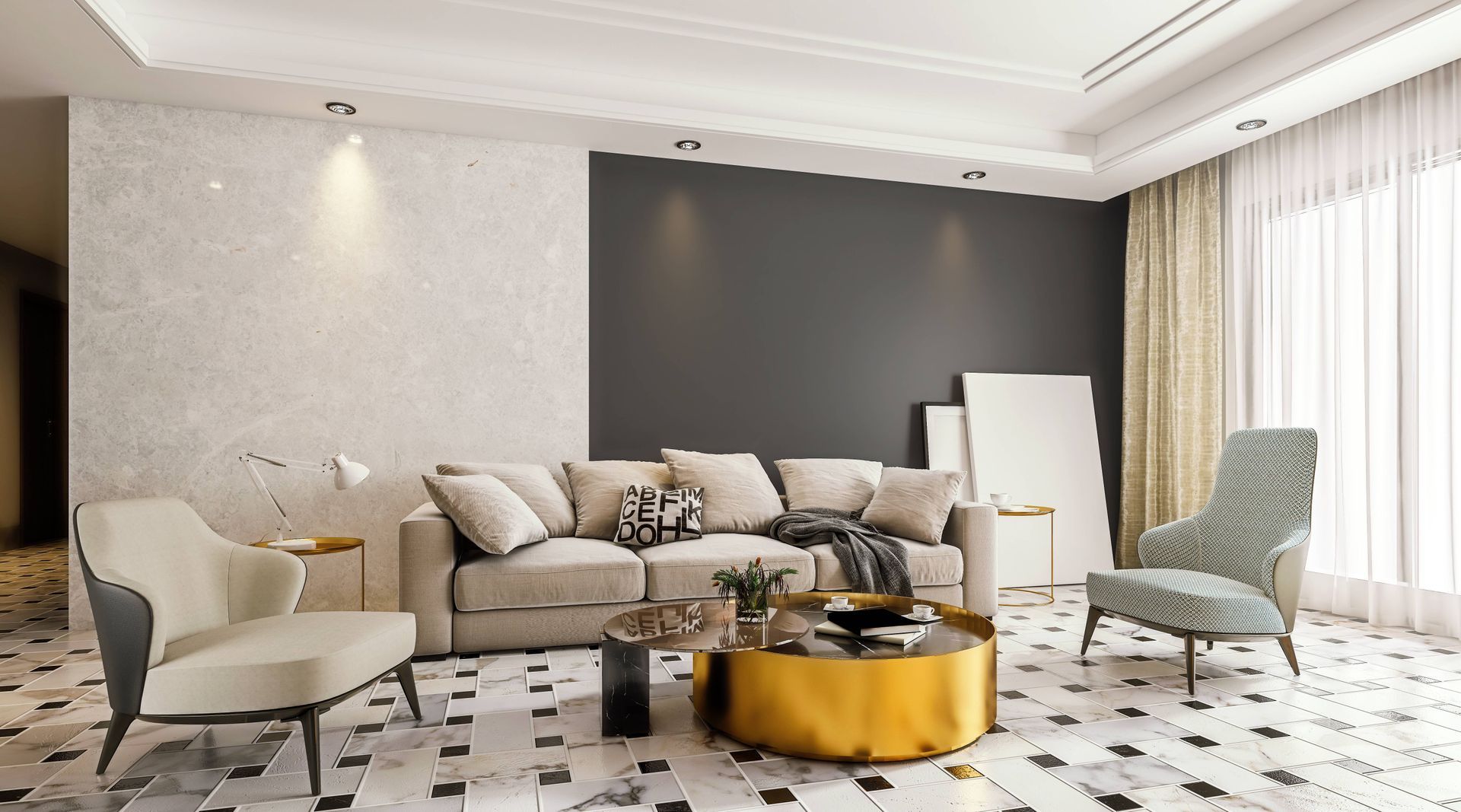 A lavish living room with custom drapes paired with a sheer layer at the window near Coeur d'Alene, ID