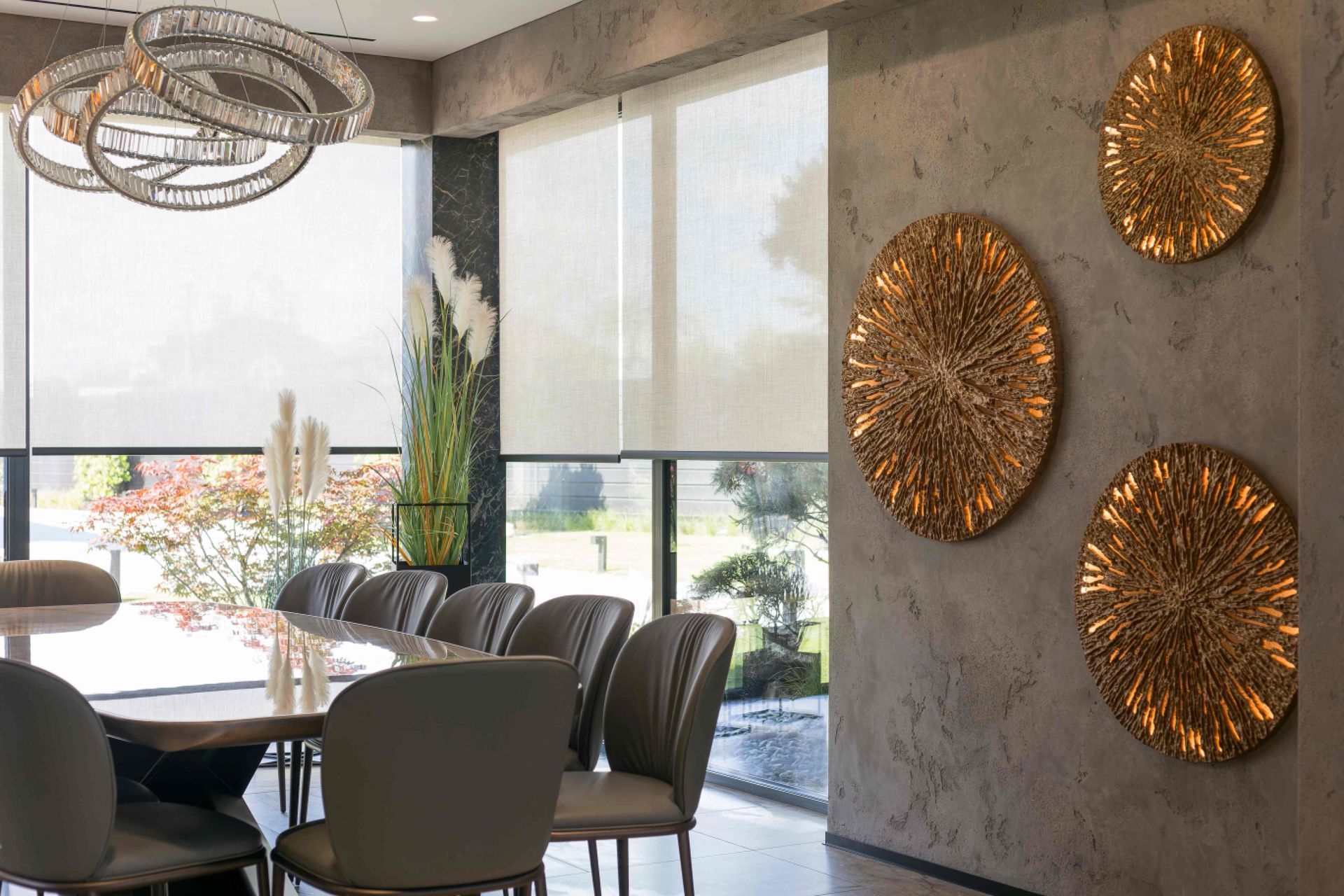 A trendy and luxurious residential dining with large windows adorned by cordless window shades at The Blind Guy near Coeur d'Alene