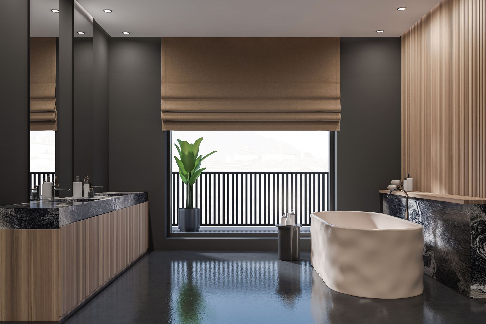 Chic and sleek custom Roman shades on a large window in a luxurious bathroom