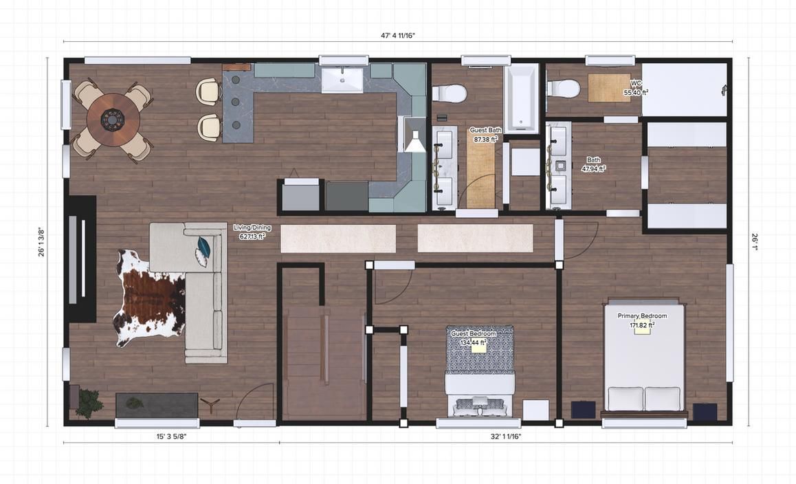 Floor plan of a house with a living room, kitchen, bedrooms, and bathrooms. Furnishings are included.