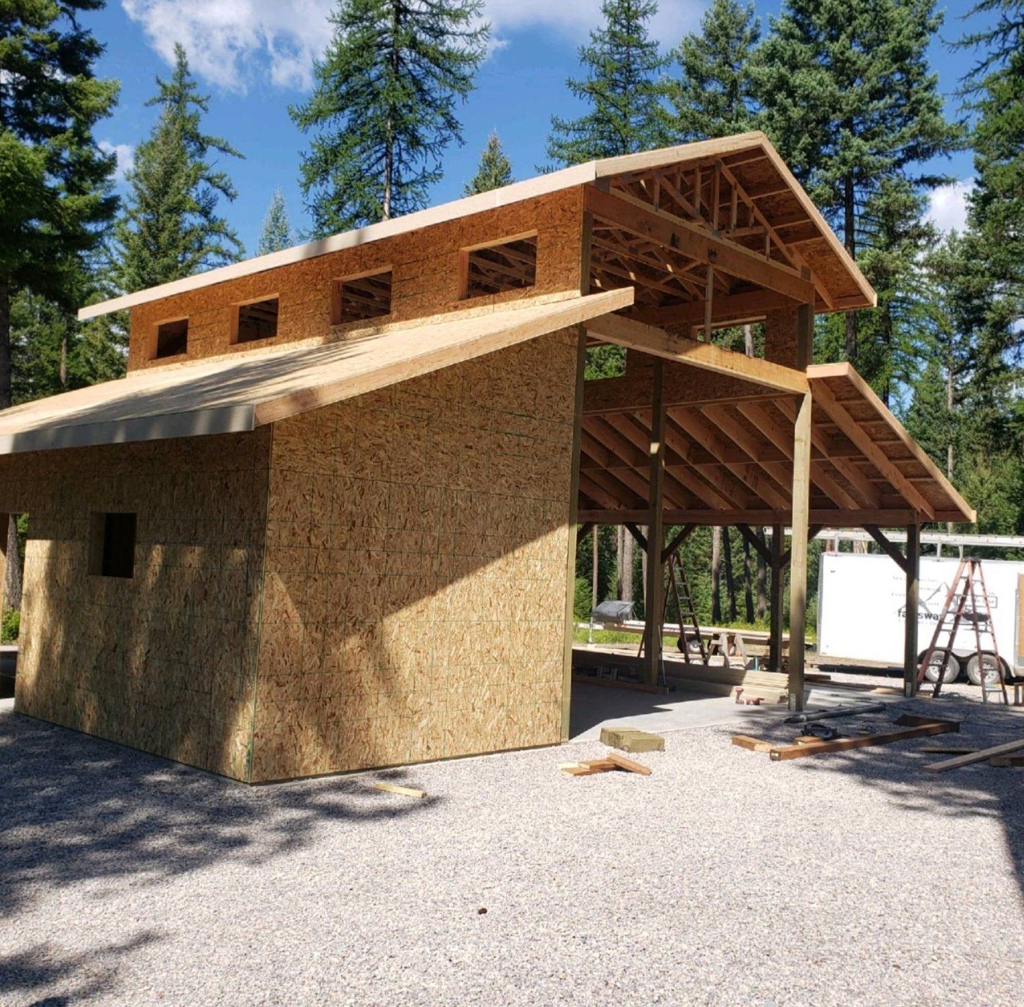 Building under construction, wood frame, light brown walls, gray gravel, outdoors, blue sky.