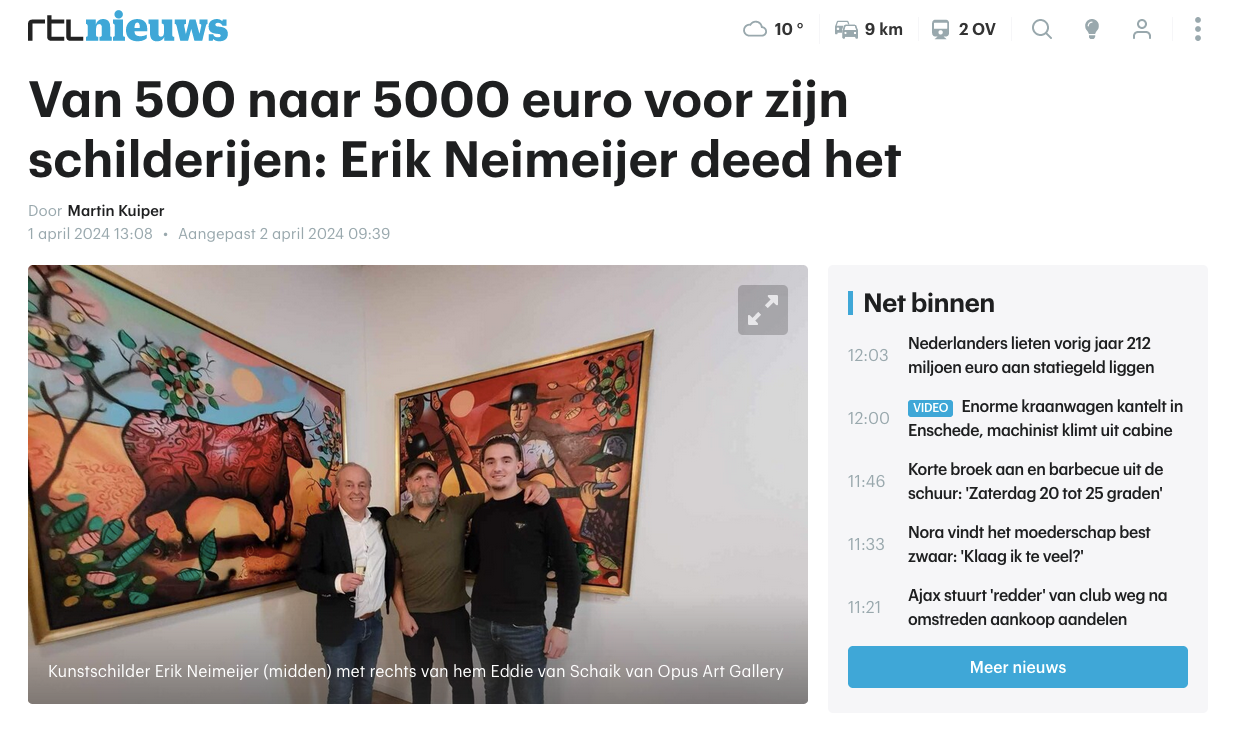 Nieuwsartikel over Erik Neimeijer met de kop 