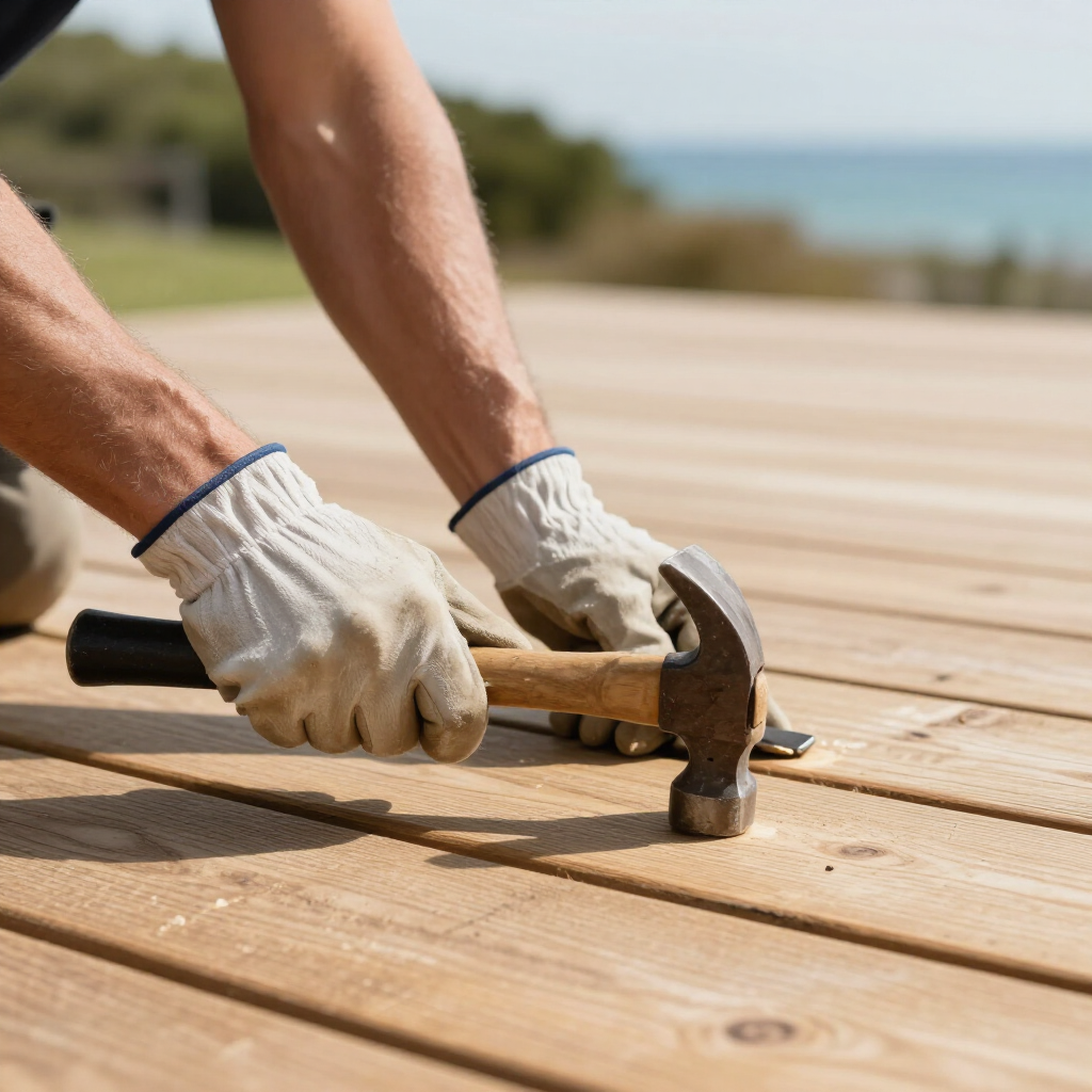 Gloved hands hammering a nail into a wooden deck outdoors near the water