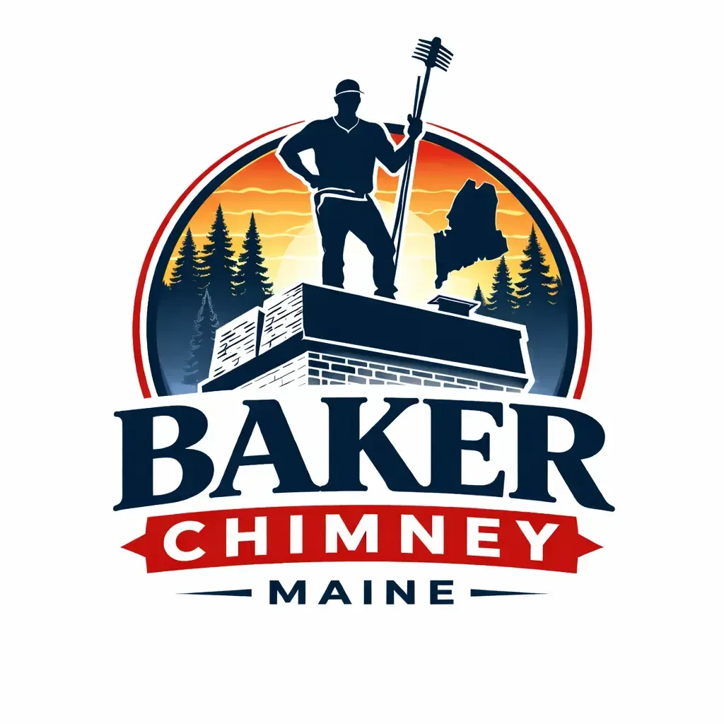 Logo for Baker Chimney Maine showing a silhouette of a person on a chimney against a sunset, forest, and Maine outline.