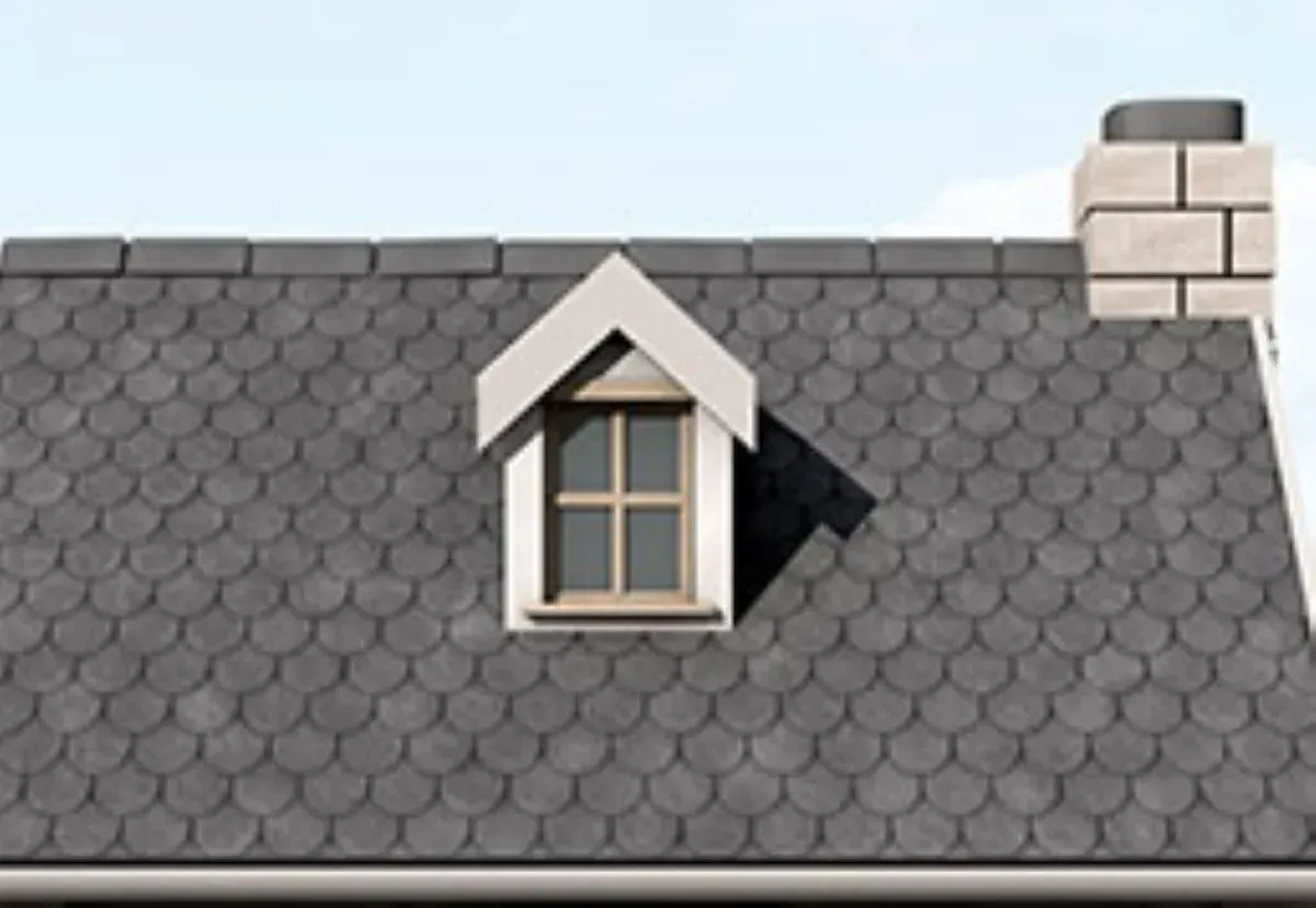 A roof with a window and chimney on it