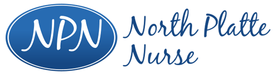 The logo for north platte nurse is blue and white.