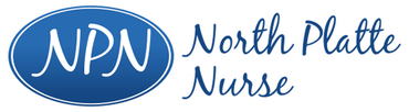 The logo for north platte nurse is blue and white.