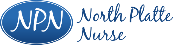 The logo for north platte nurse is blue and white