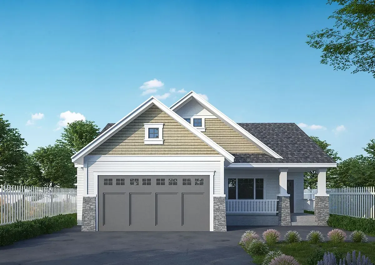 An artist 's impression of a house with a garage and porch.