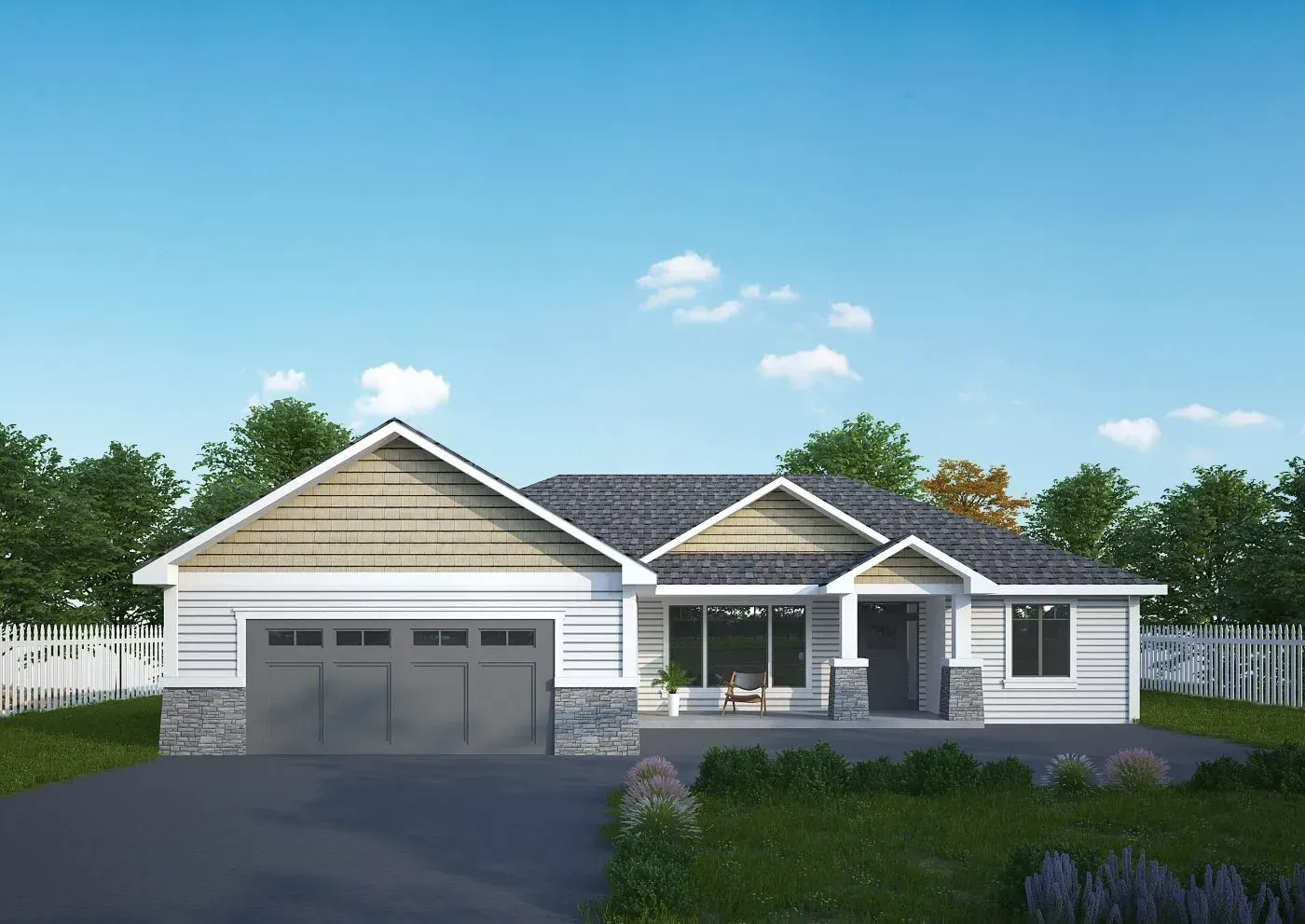 A 3d rendering of a house with a garage and a fence.
