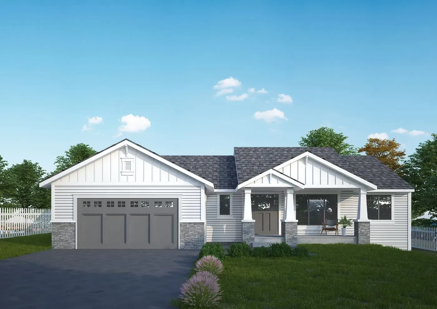 A white house with a gray garage door is sitting on top of a lush green hill.