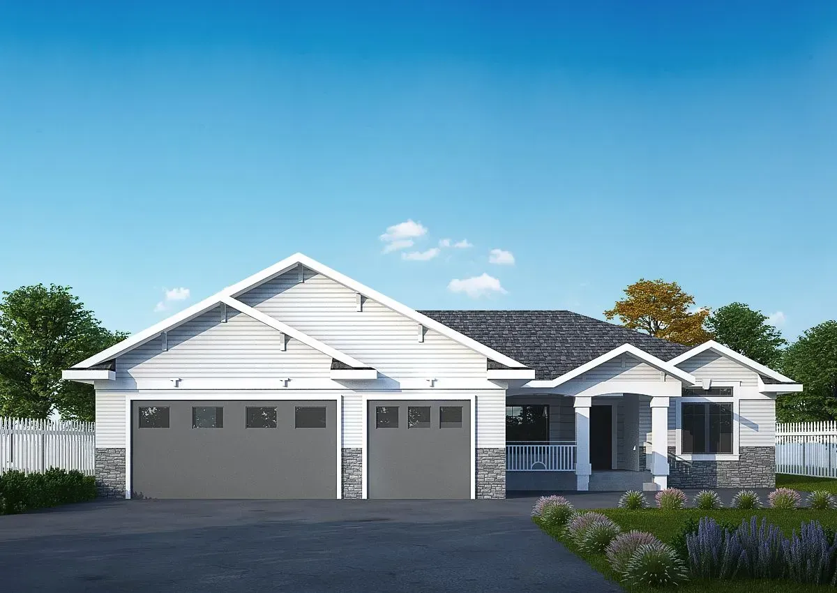 An artist 's impression of a white house with a gray garage door.