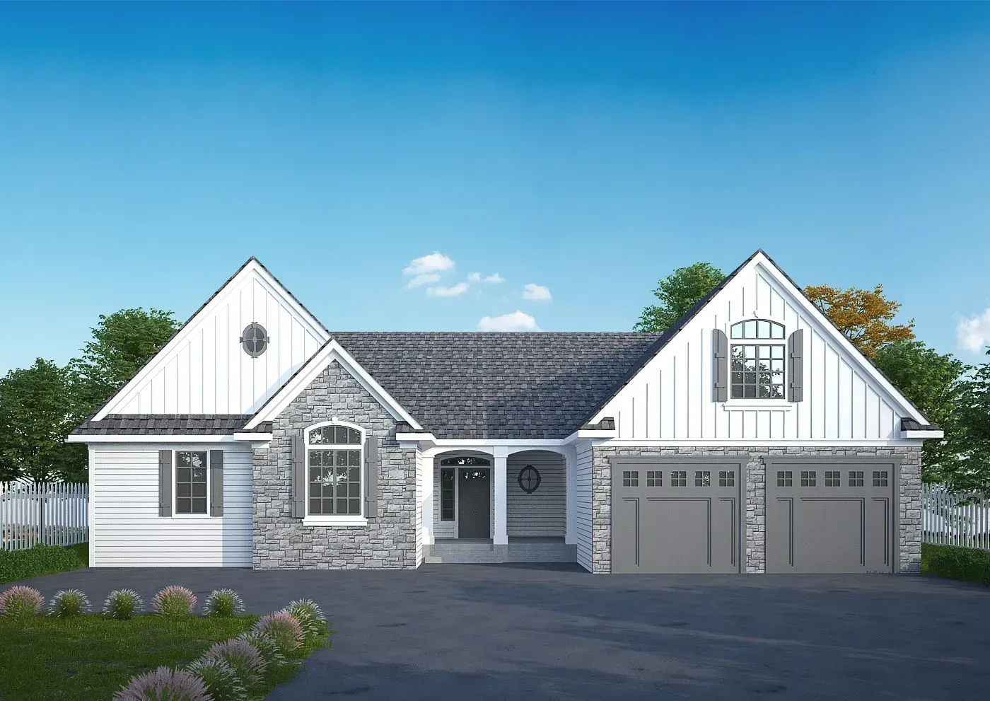 A white house with a gray garage door and a blue sky in the background.