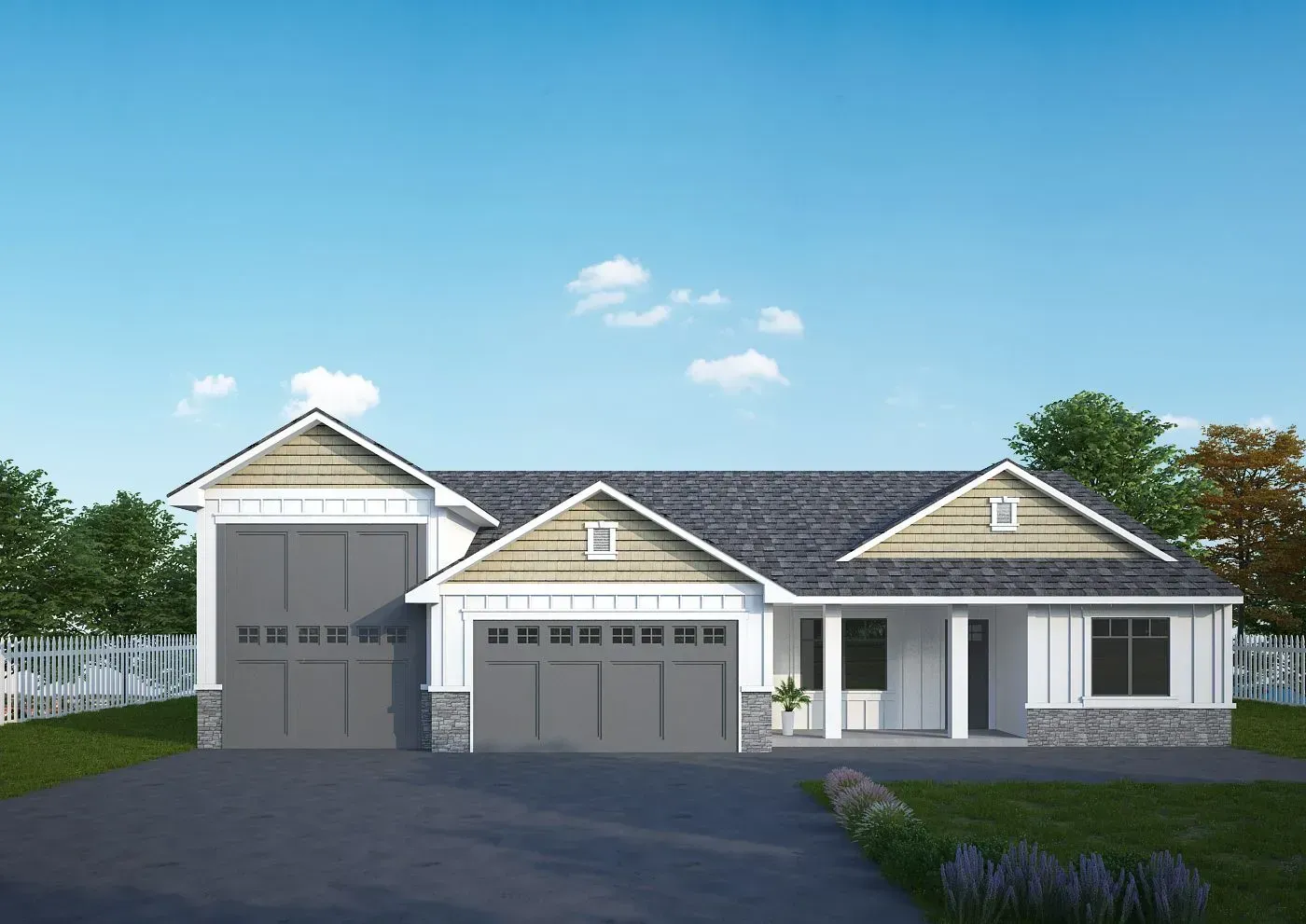 An artist 's impression of a house with a gray garage door.