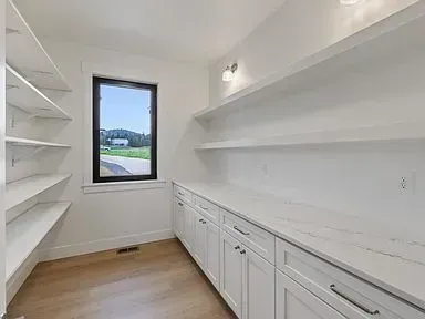 A pantry with white cabinets and shelves and a window.