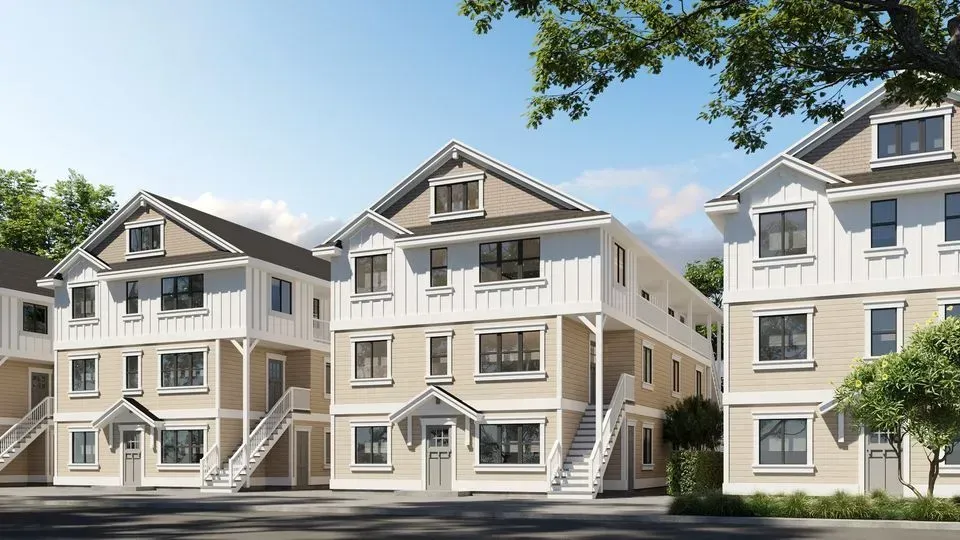 An artist 's impression of a row of houses with stairs leading up to them.
