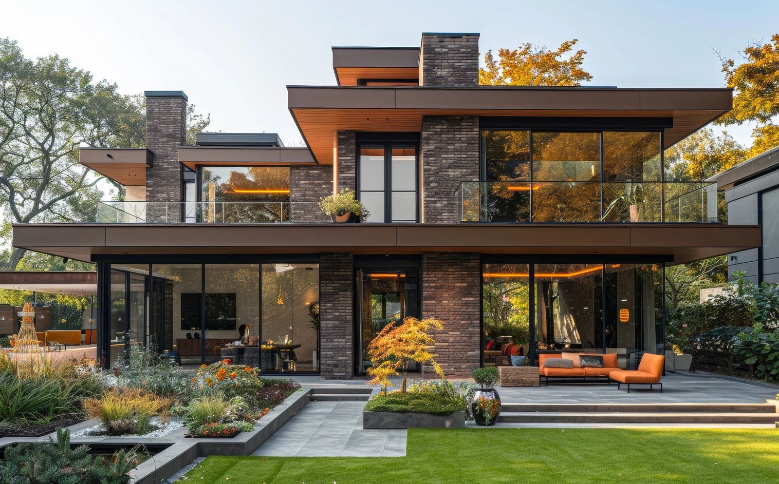 Modern two-story house with glass walls, brown accents, and a landscaped yard with green grass and a patio.