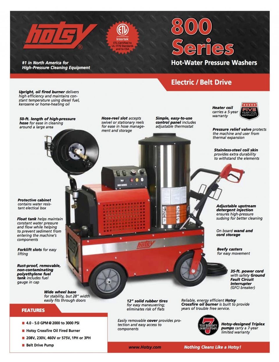 Hotsy Hot Water Pressure Washer 800 Series Product Sheet -- Page 1