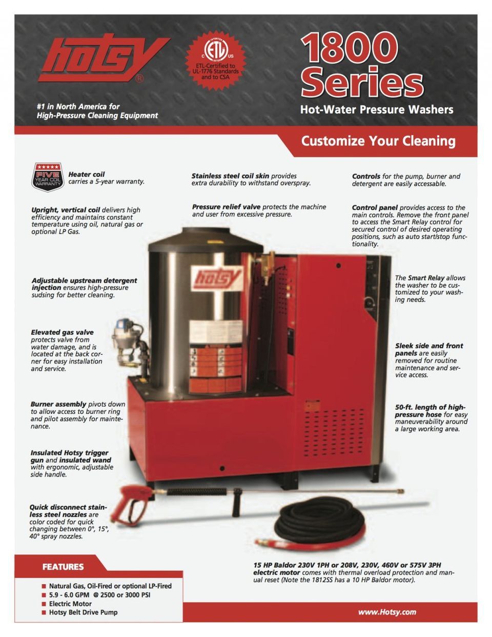 Hotsy Hot Water Pressure Washer 1800 Series Product Sheet -- Page 1