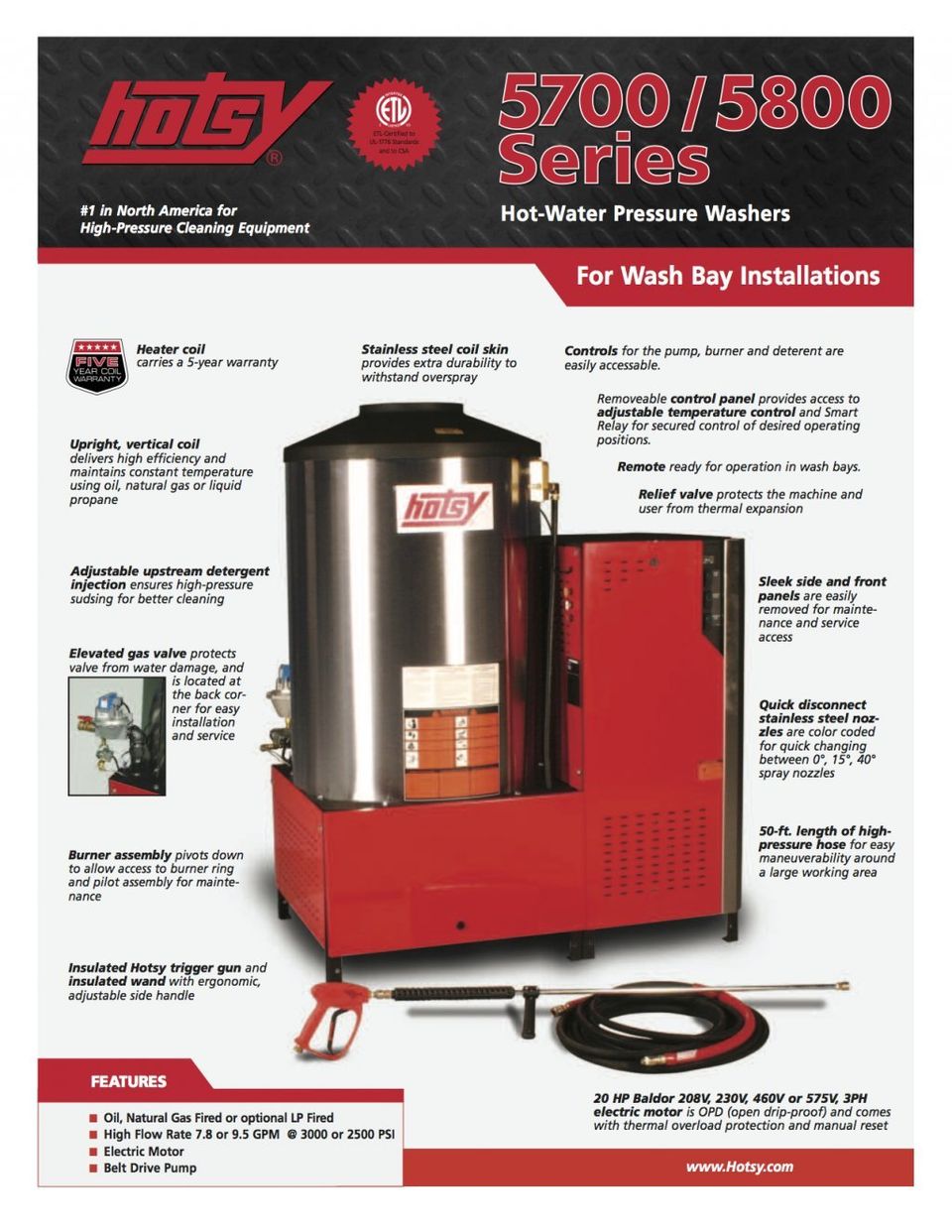 Hotsy Hot Water Pressure Washer 5700/ 5800 Series Product Sheet -- Page 1