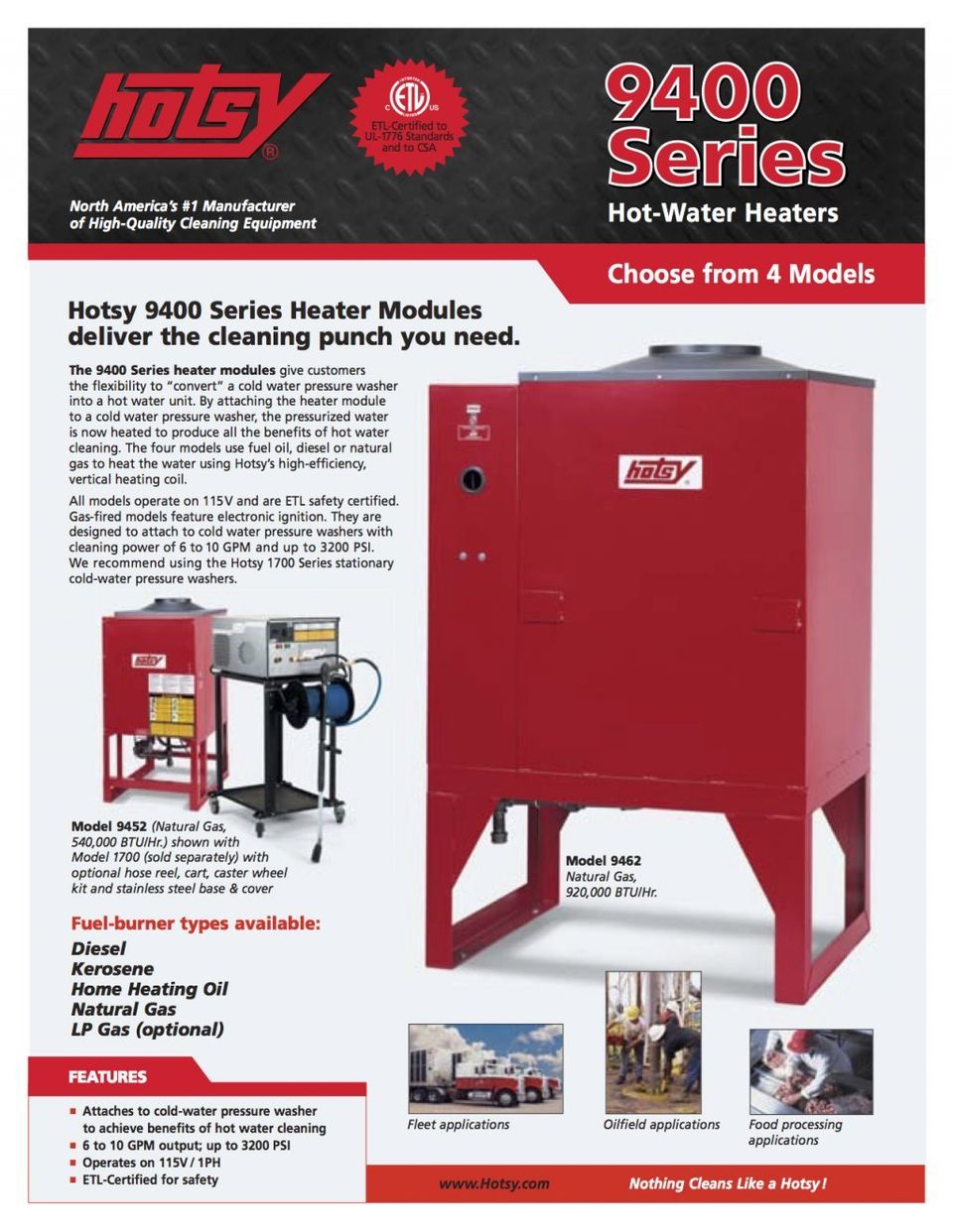 Hotsy Hot Water Pressure Washer 9400 Series Product Sheet -- Page 1