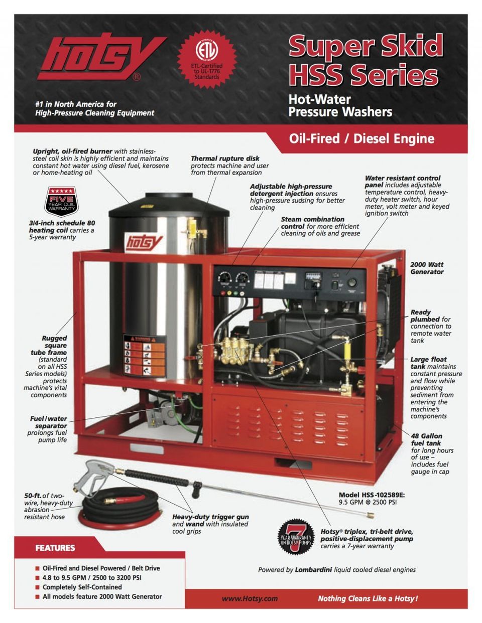 Hotsy Hot Water Pressure Washer Super Skid HSS Series Product Sheet -- Page 1