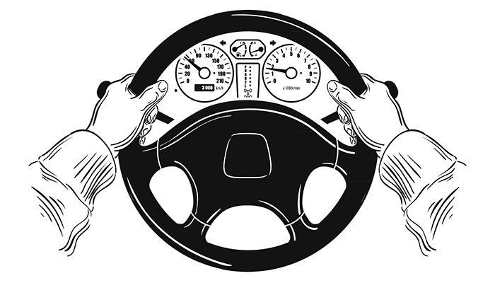 drawing of hands on a steering wheel with guages
