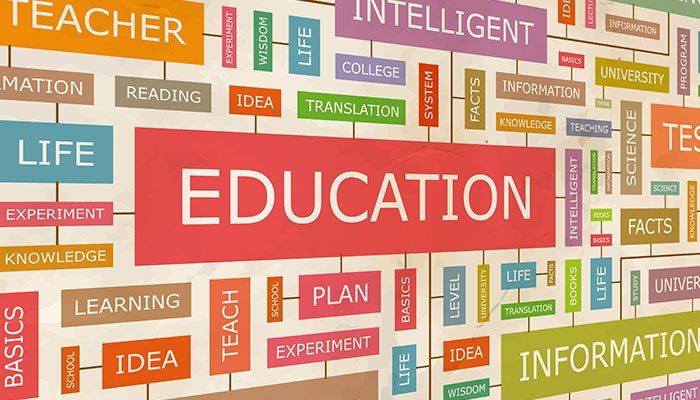 Word cloud including the word education and other supporting words such as learning, teach, plan, information, intelligent...etc.
