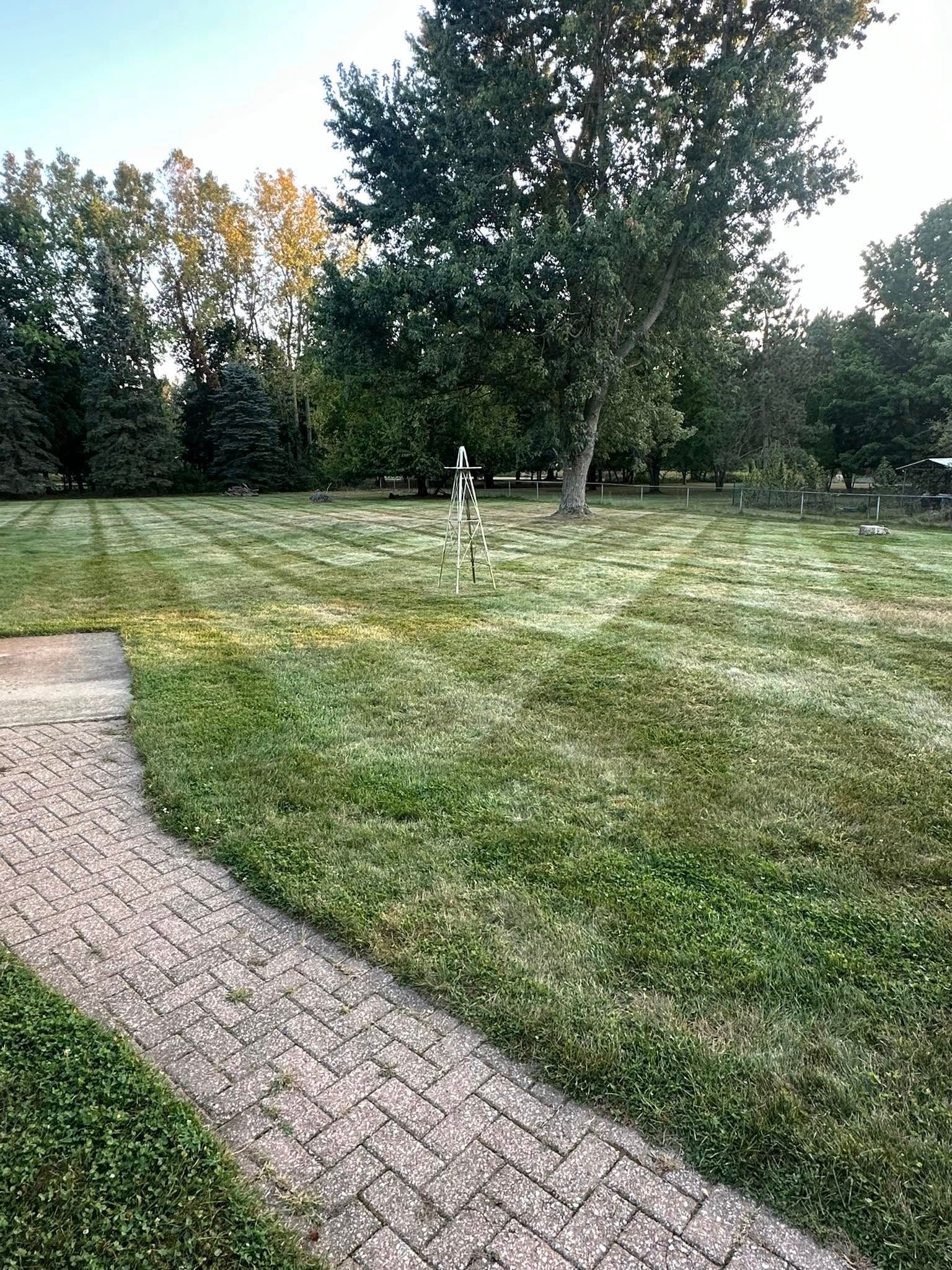 A view from a wooden dock looking toward a two-story house nestled among trees on a grassy lakeshore.