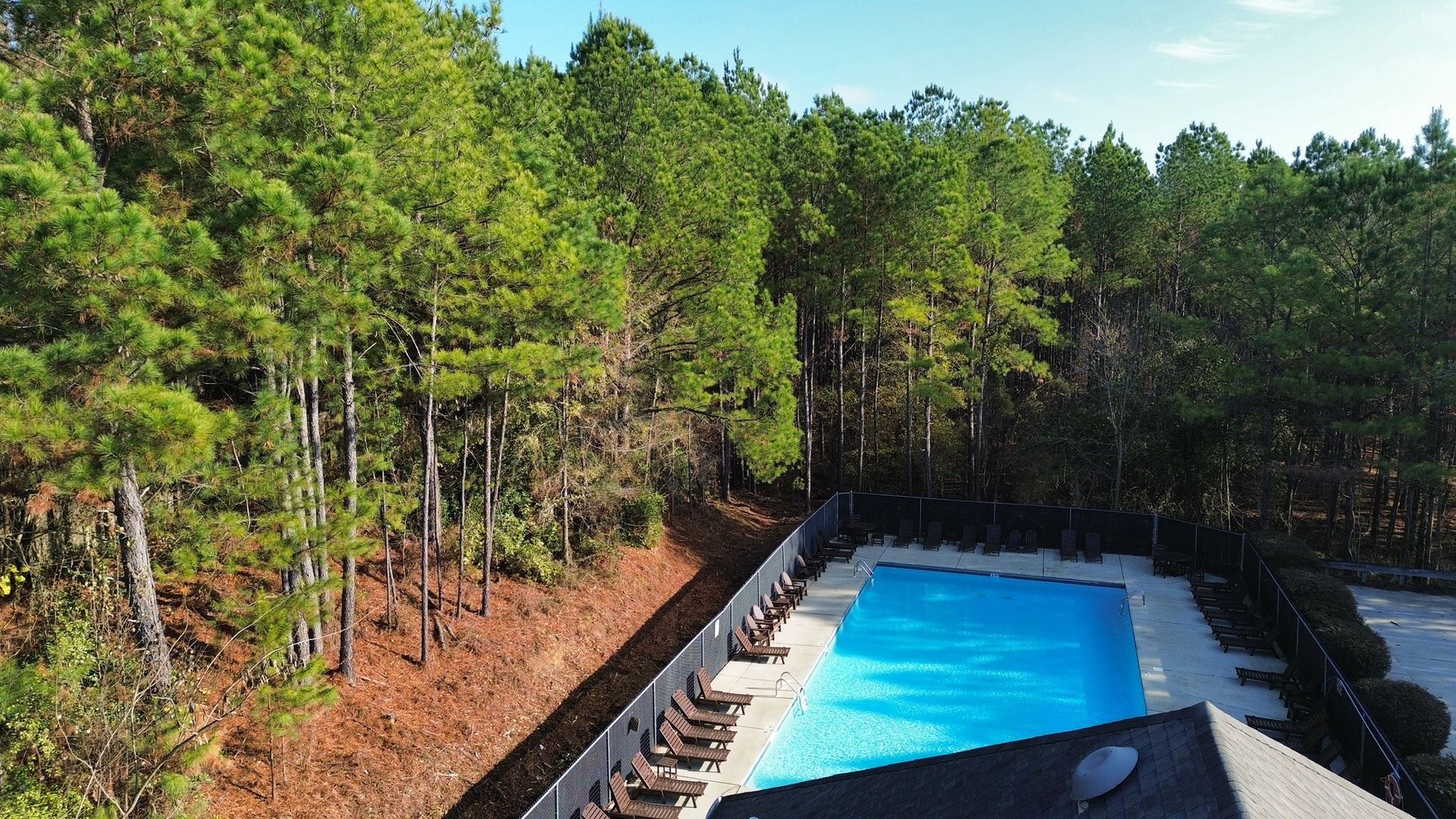 High-angle view of a rectangular blue swimming pool surrounded by a fence and dense forest.