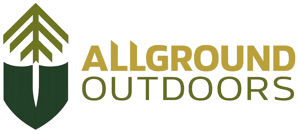 Logo for Allground Outdoors featuring a green and gold shield emblem containing a stylized tree, with text to the right.