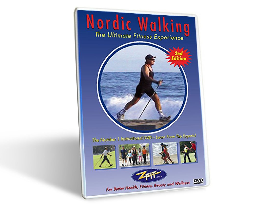 A dvd cover for nordic walking shows a man walking on skis