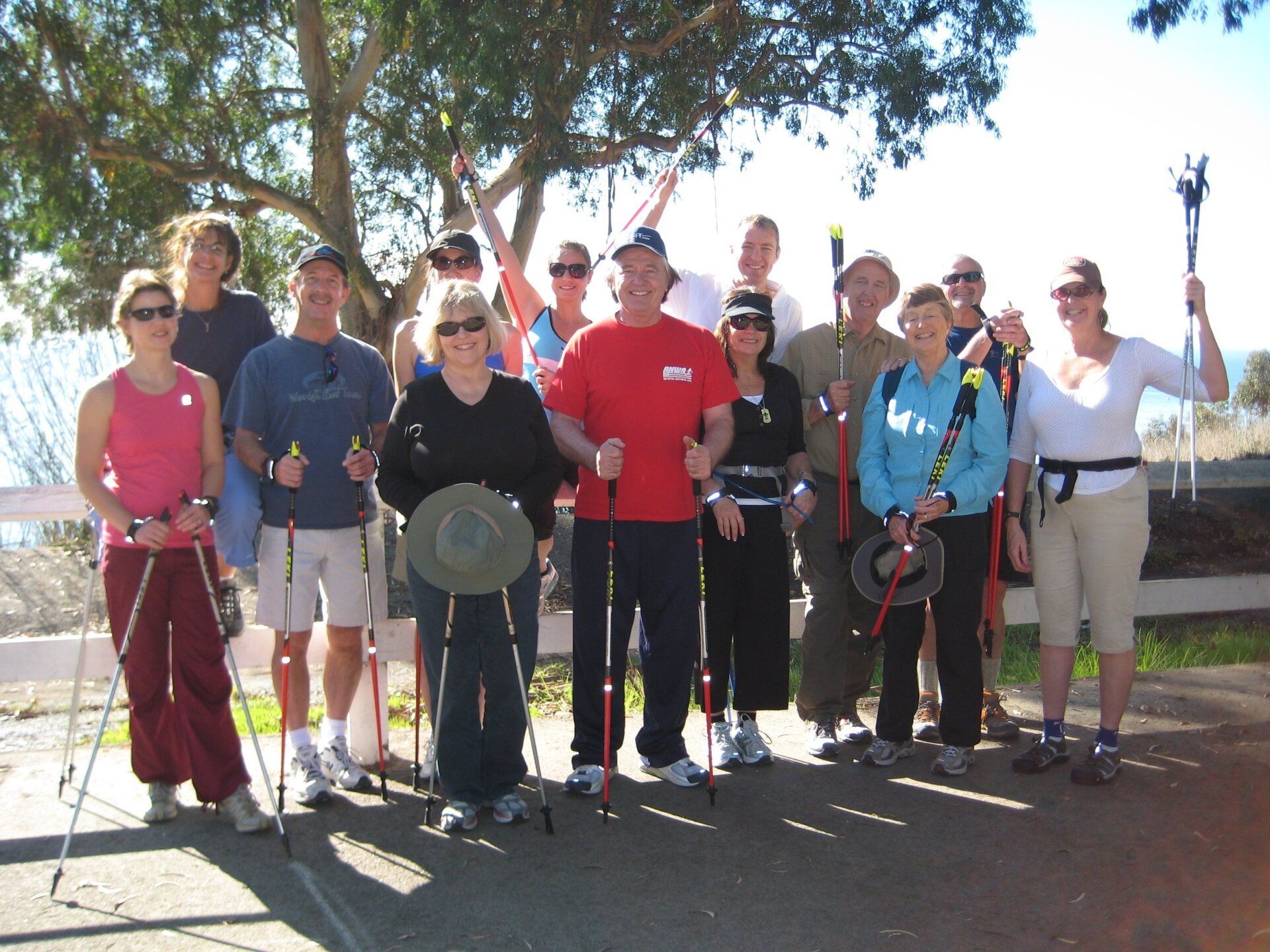 A group of people posing for a picture with walking poles