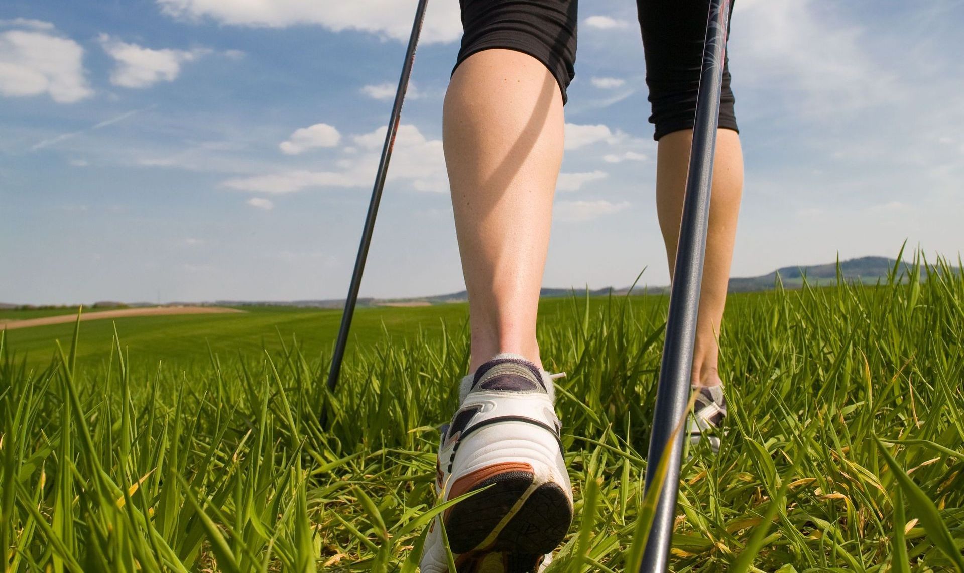 A person is walking through a grassy field with walking poles.