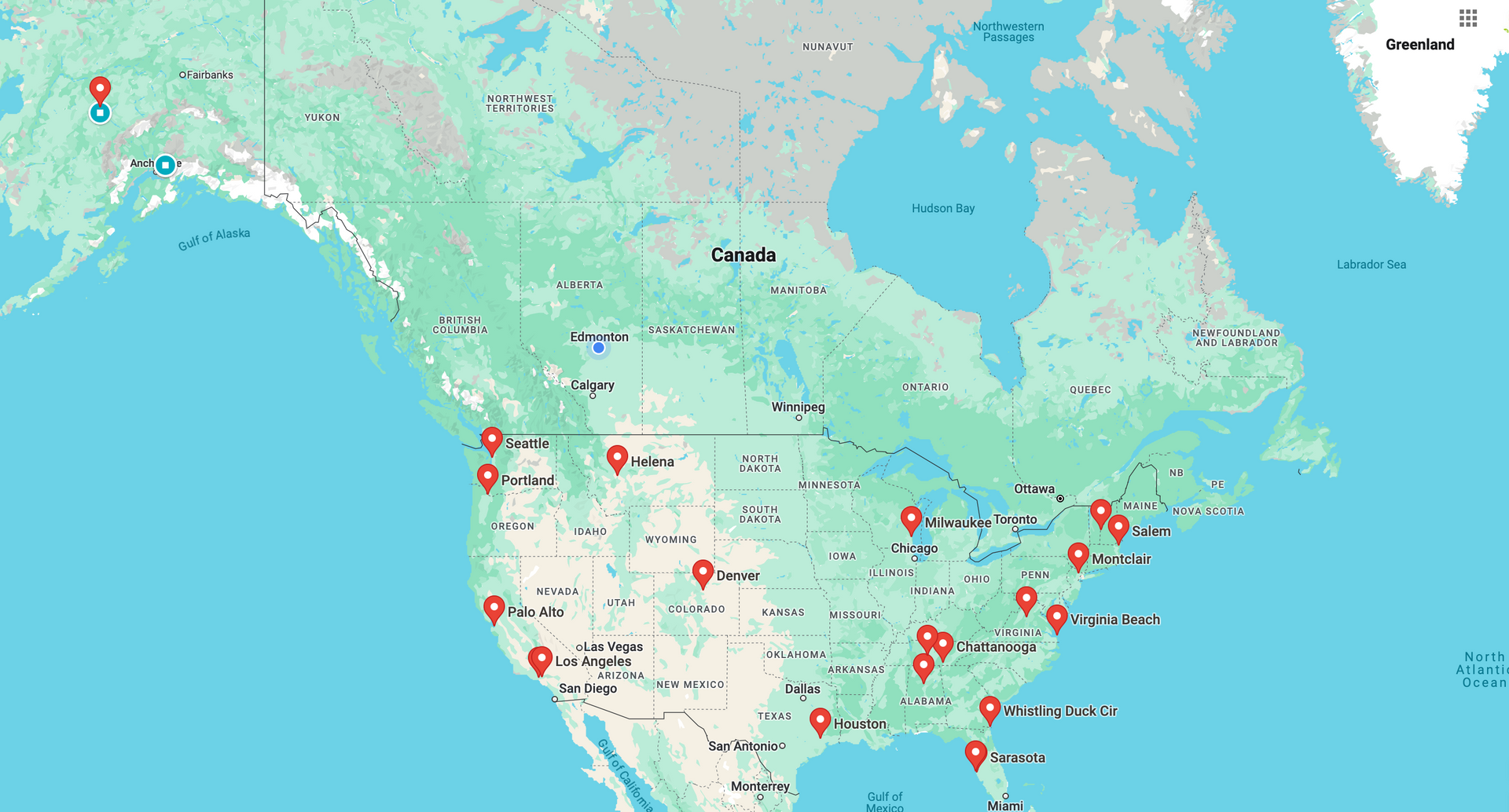 A map of the united states with red dots on it