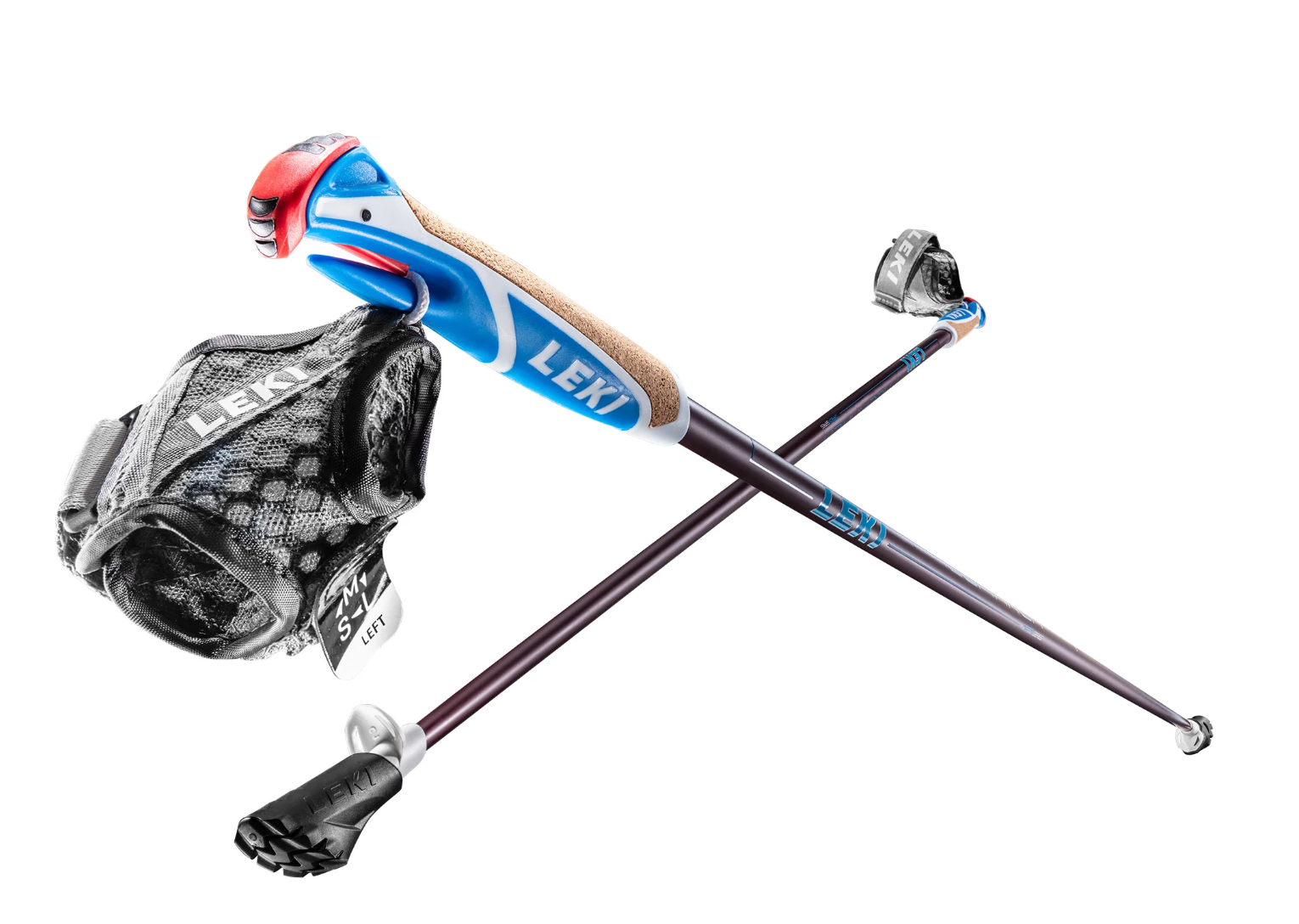 A pair of leki walking poles are crossed over each other on a white background.