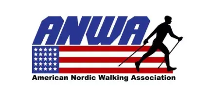 A logo for nordic walking online with a person walking on it.