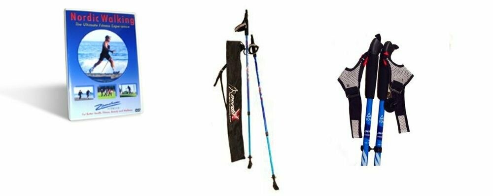 A book about nordic walking is next to a pair of walking poles
