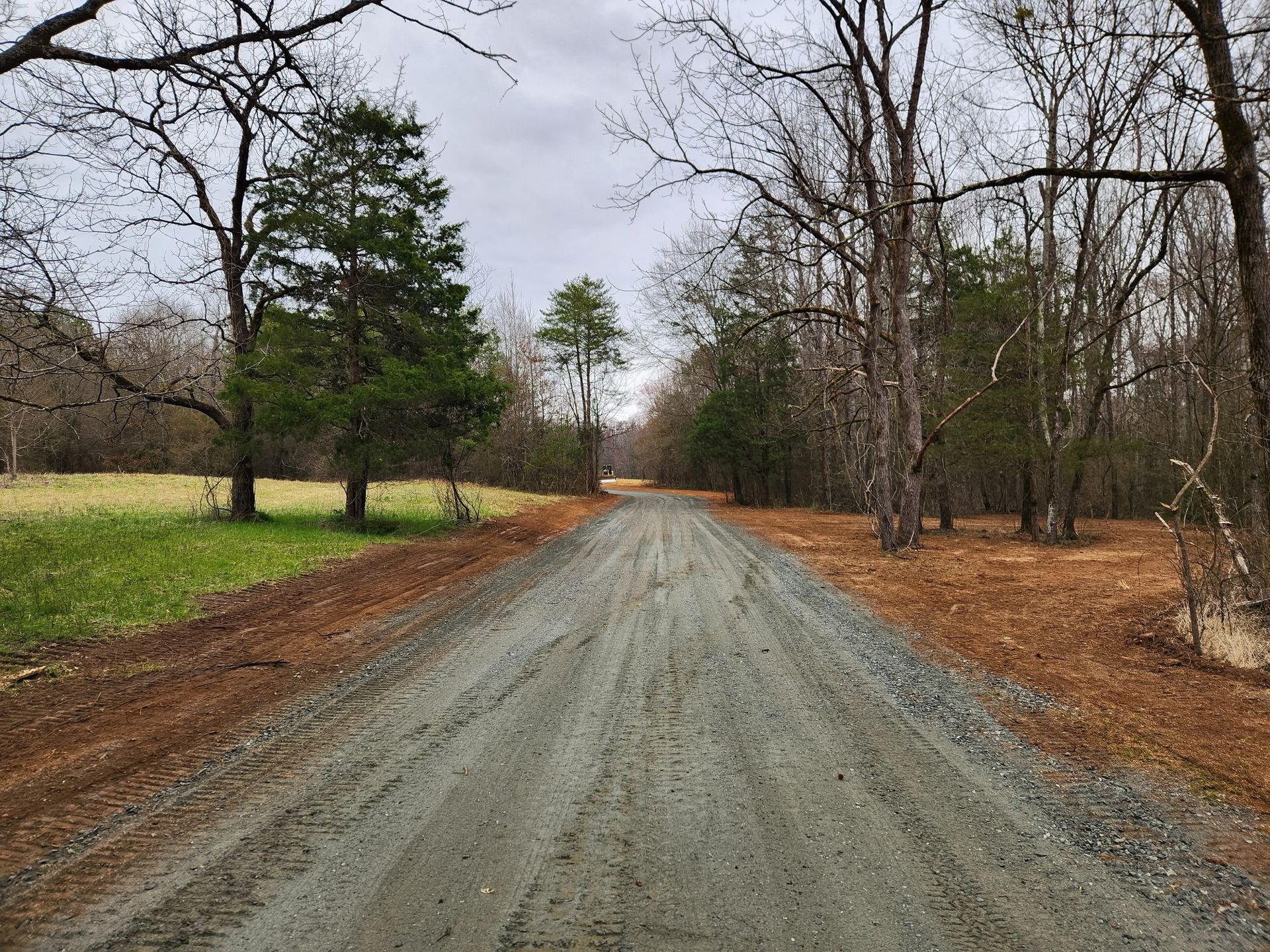 Gravel road through a wooded area on an overcast day. Trees line both sides, and there is green grass on the left.