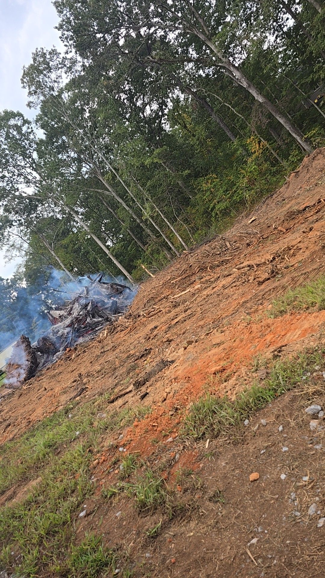A hillside with exposed red soil, green grass, and trees. Smoke rises from a burning pile.