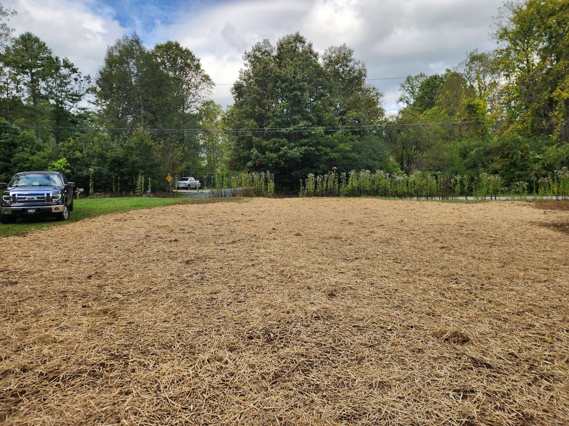 A large, brown-covered field in front of trees and a truck, under a cloudy sky.