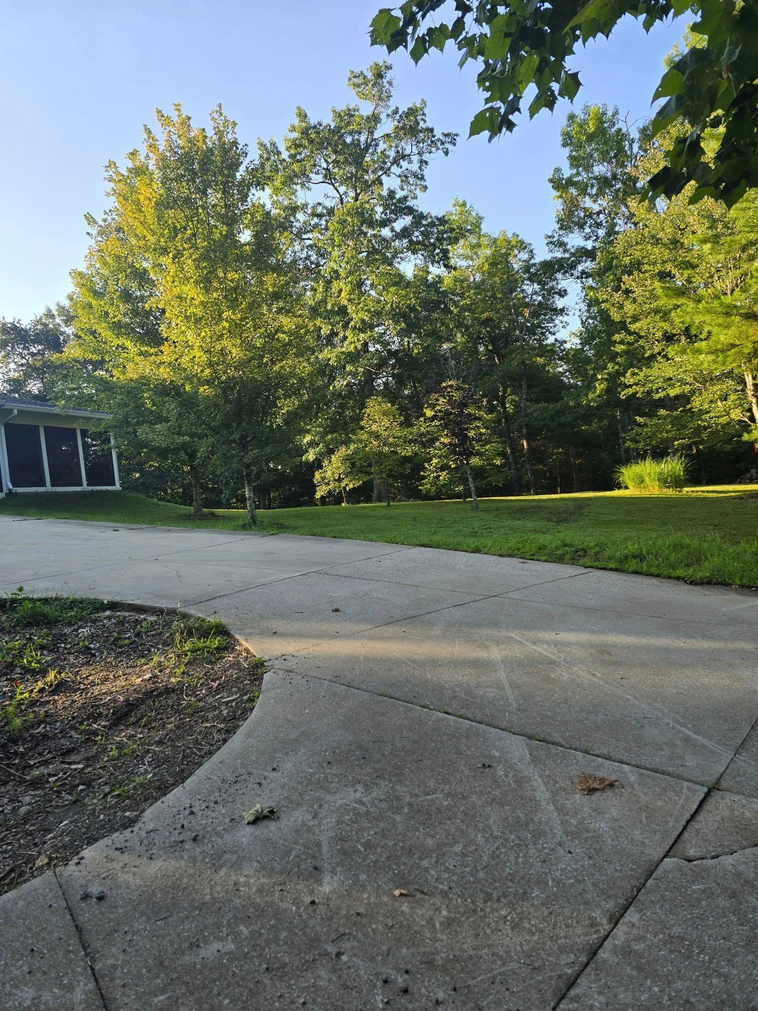 Concrete driveway leads to grassy area, trees, and a building on a sunny day.