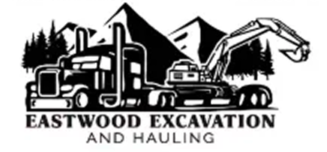 Black and white logo of a semi-truck, excavator, mountains, and text "Eastwood Excavation and Hauling".